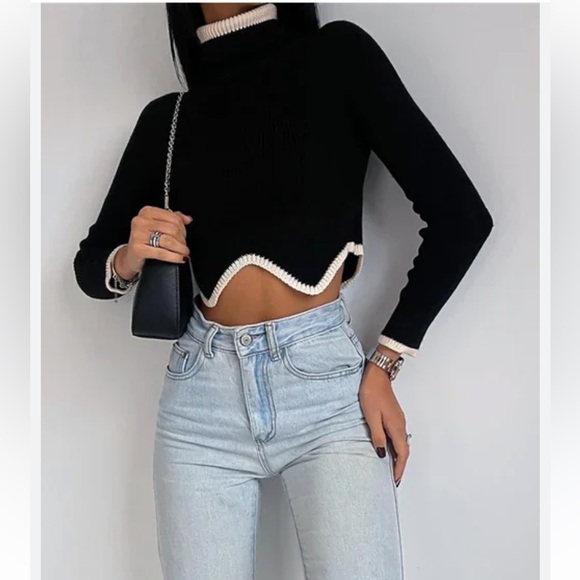 Contrast trim stitching color block asymmetrical hem turtleneck crop sweater - Picture 1 of 6